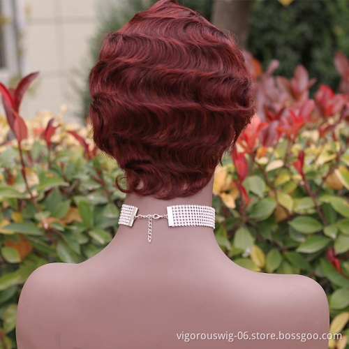 Vigorous Short Curly Cute Nuna Wigs Pixie Wigs for Women Finger Wave Human Hair Wig Wine Red